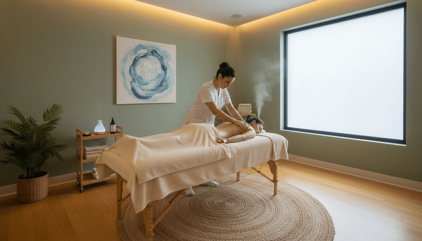 Massage therapist performing manual therapy on a client's back in a calm treatment room