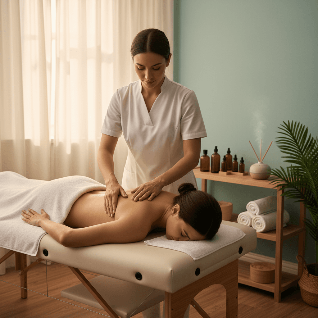 Massage therapist applying manual therapy to a patient's back in a calm treatment room