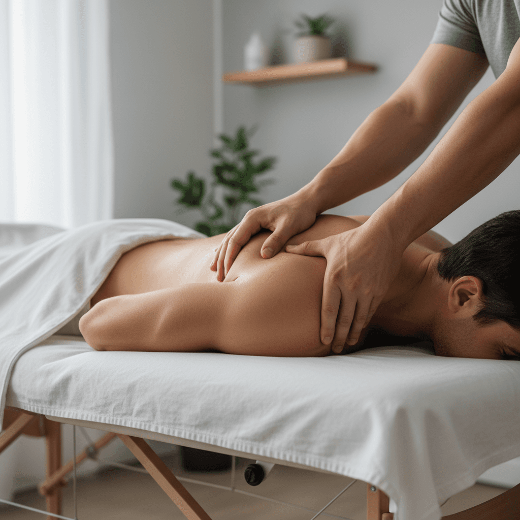 Massage therapist performing a leg massage in a professional treatment room