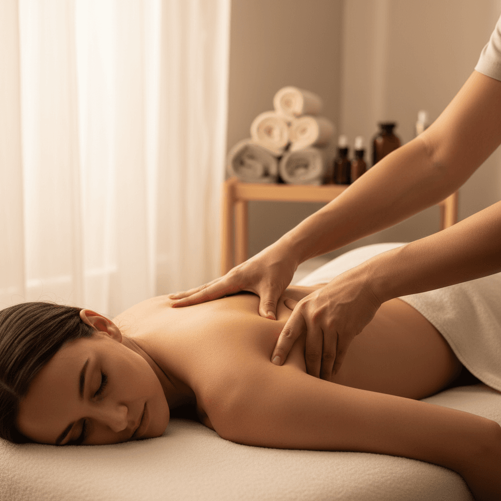 Clean, bright massage studio with prepared treatment table