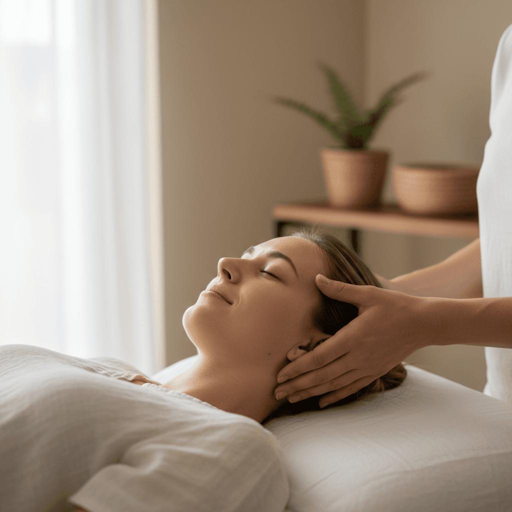 Therapist performing manual therapy on a patient's neck in a bright treatment room