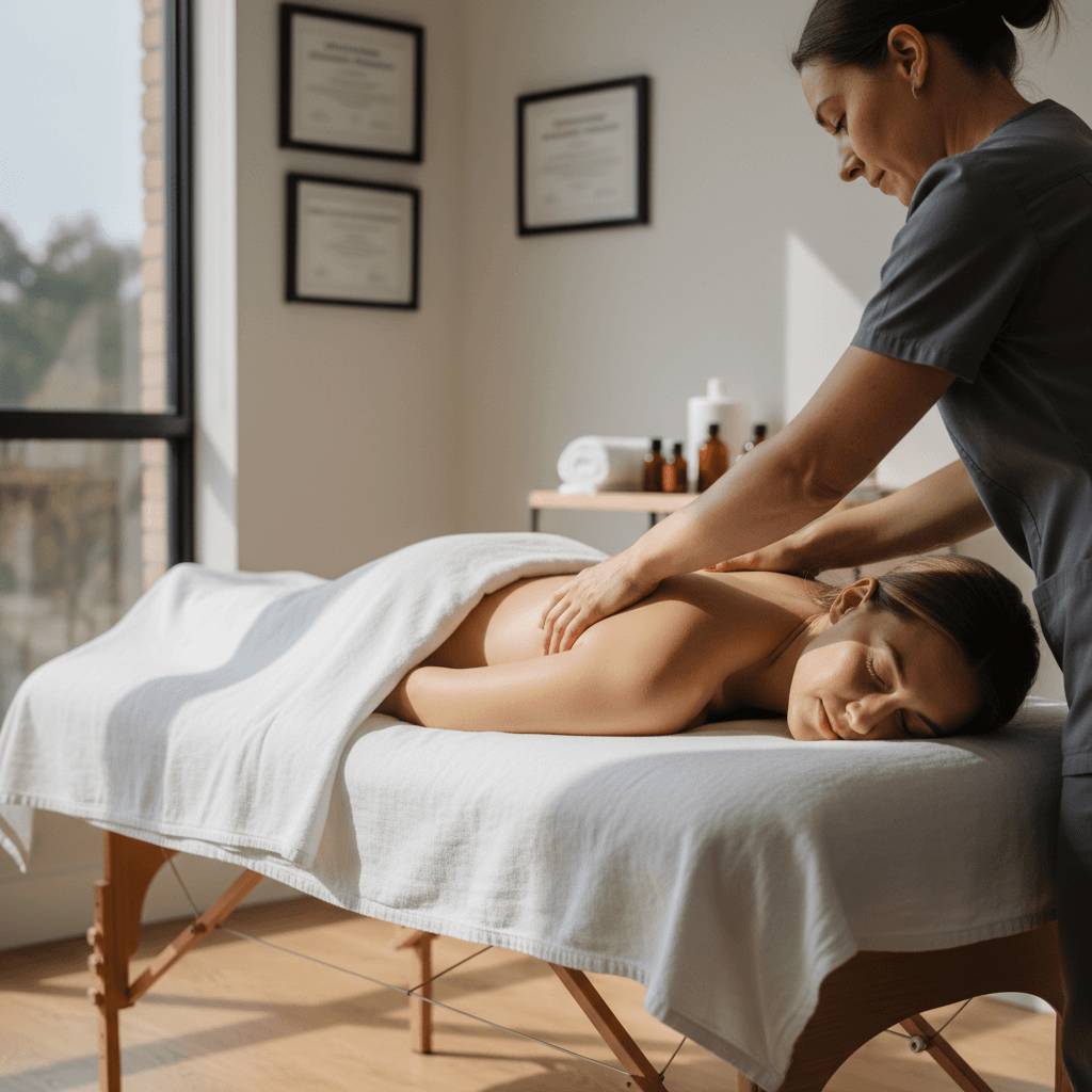 Massage therapist working on a client's back in a modern treatment room